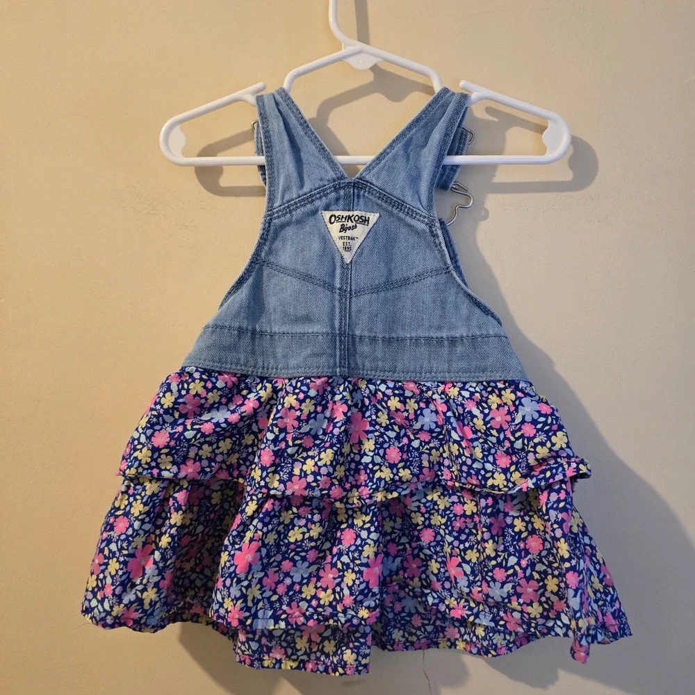 OshKosh Bgosh Baby Girls 12M Denim Floral Tiered Ruffle Overall Jumper Dress